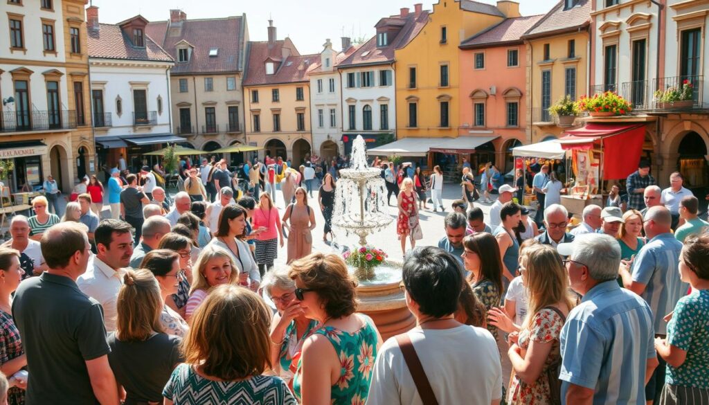 A bustling community gathering in a sun-dappled town square, people of all ages engaged in lively conversation, sharing ideas and supporting one another. In the foreground, a diverse group of locals animatedly discuss community projects, their faces lit by the warm glow of a central fountain. The middle ground reveals families strolling, children playing, and artisans showcasing their wares at local stalls. In the background, historic buildings with charming architectural details frame the scene, creating a sense of timeless tradition and civic pride. The overall atmosphere is one of vibrant collaboration, civic involvement, and a shared commitment to the betterment of the community.