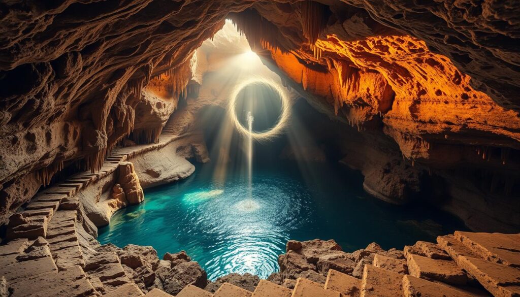 A cavernous opening in the Altai Mountains, carved over eons by an ancient underground river. Warm, golden light filters through the entrance, illuminating the glimmering stalactites and crystalline pools below. In the center, a shimmering vortex swirls, the focal point of a mystical energy that seems to bend the flow of time itself. Wispy mists drift through the chamber, as if the very air is alive with an otherworldly presence. Rough-hewn stairs lead down to the water's edge, inviting the curious to venture further into this enchanted, timeless realm.