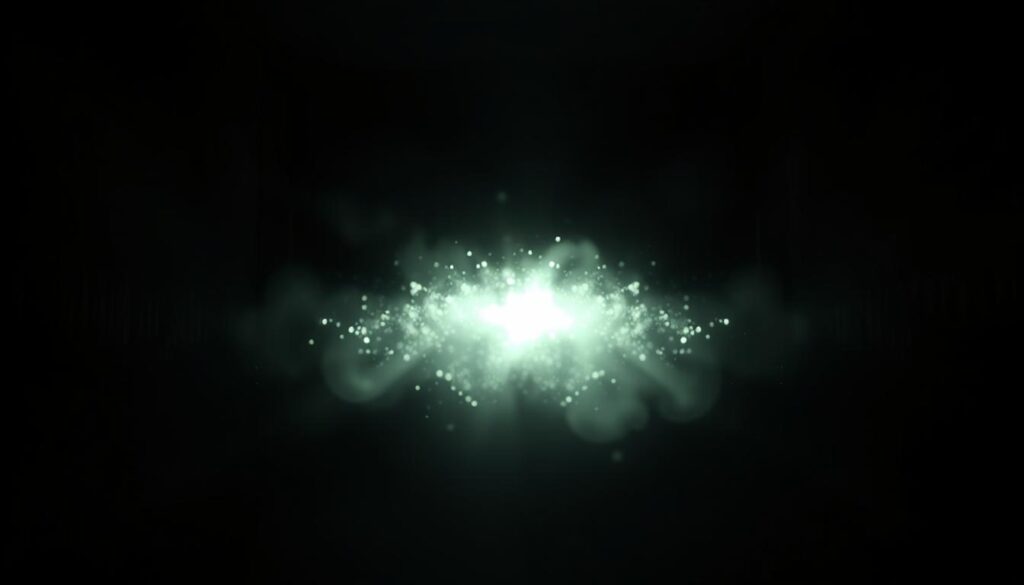 A dark, windowless room with a sense of unsettling mystery. The foreground reveals a hazy, swirling mass of strange, luminescent lights floating in the center of the space, their movements erratic and captivating. The middle ground is shrouded in deep shadows, the walls and corners of the room barely visible. The background is an impenetrable void, a sense of limitless depth and unknown. The lighting is moody and atmospheric, casting an eerie, otherworldly glow upon the scene. The camera angle is slightly low, adding to the sense of unease and the feeling of being trapped within this enigmatic chamber.