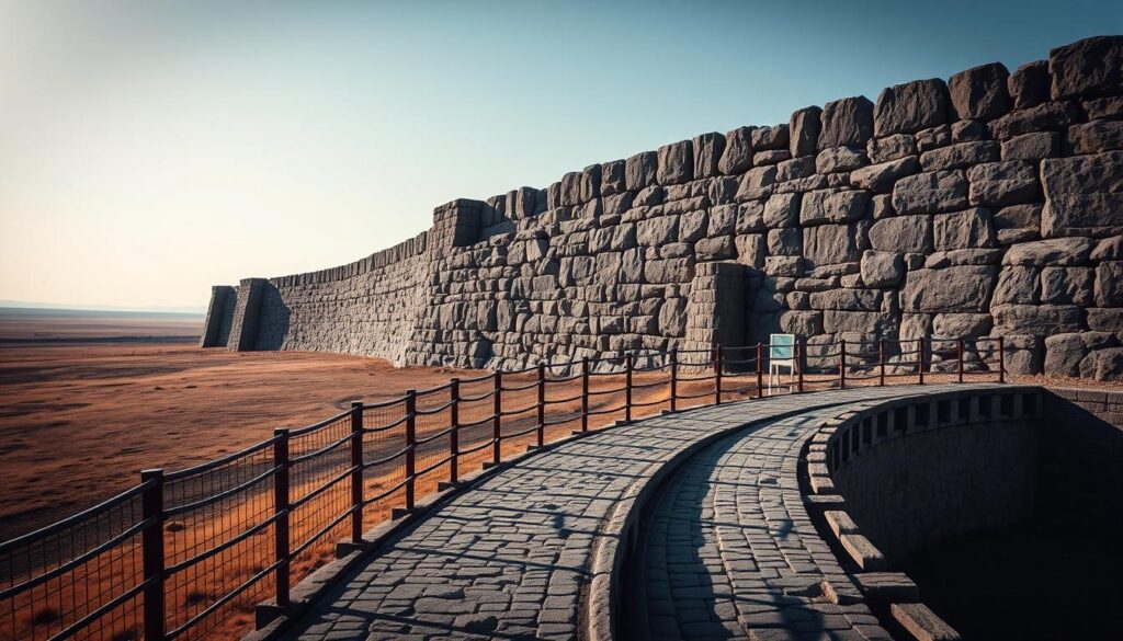 A desolate, eternally-cold stone wall stands solitary against the vast Mongolian steppe, its surface textured by the relentless elements. In the foreground, a rugged, accessible walkway winds its way towards the ancient structure, its railings and signage ensuring the safety of visitors drawn to this mysterious, otherworldly sight. Soft, diffused lighting illuminates the scene, casting long shadows and emphasizing the wall's monumental scale. In the background, the boundless horizon stretches out, hinting at the sheer isolation of this unique geological wonder. The overall atmosphere is one of wonder, intrigue, and a sense of the profound timelessness of this captivating natural phenomenon.