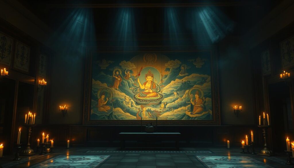 A dimly lit, ancient Samye monastery chamber, the flickering light of candles casting an ethereal glow upon a massive, ornate painting sealed behind thick glass. The painting's imagery appears to shift and transform before the viewer's eyes, the figures and landscapes subtly morphing and rearranging, as if imbued with a preternatural energy. The scene is cloaked in an air of mystery and the supernatural, the painting's unpredictable nature compelling the observer to pause and ponder its elusive nature. Detailed brushstrokes and rich, vibrant colors bring this enigmatic work to life, the focal point of a hallowed, hushed sanctuary frozen in time.