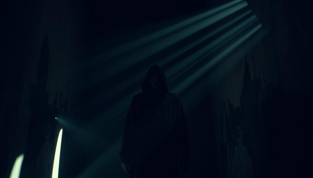 A dimly lit, atmospheric room with an eerie, otherworldly glow emanating from an unseen source. The walls are ancient and weathered, casting long shadows that seem to move on their own. A figure, cloaked in shadows, stands transfixed, their expression a mix of fascination and unease. Beams of light twist and bend, creating a sense of unnatural energy. The air is thick with a palpable tension, hinting at the psychological impact of the unexplained phenomena. The scene is captured with a moody, cinematic lens, using dramatic chiaroscuro lighting to heighten the sense of mystery and unease.