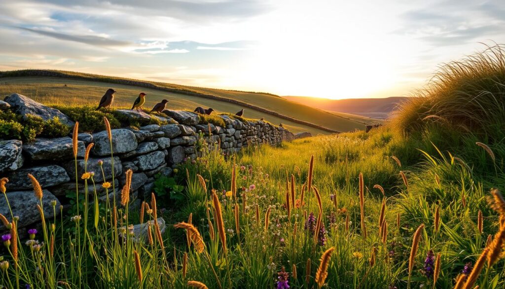 A lush, verdant landscape surrounding a centuries-old stone wall, bathed in the soft, golden light of a setting sun. In the foreground, a vibrant tapestry of wildflowers and grasses sway gently in the breeze, creating a captivating contrast against the weathered, lichen-covered stones. The middle ground reveals a diverse array of native flora and fauna, from colorful birds perched on the wall to small mammals scurrying through the undergrowth. In the background, rolling hills covered in tall, swaying grasses stretch out towards the horizon, hinting at the vast, untamed expanse of Mongolia's steppe. The scene exudes a sense of timeless tranquility, showcasing the delicate balance between the resilience of the stone wall and the vibrant life that thrives in its shadow.