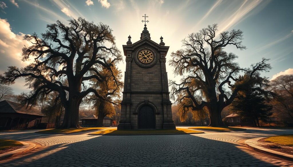 A massive, weathered stone clock tower stands in the middle of a rural crossroads in Olkhovka. The ancient timepiece, its face etched with mystical symbols, casts long shadows across the cobblestone streets. Warm sunlight filters through wispy clouds, illuminating the intricate carvings that cover the structure. Tall, gnarled oak trees surround the scene, their branches swaying gently in the breeze. An air of wonder and the unknown permeates the location, hinting at the strange phenomenon that is said to occur when the sun is obscured. The viewer is drawn into the timeless, folklore-shrouded setting, eager to uncover the secrets of this enigmatic stone clock.