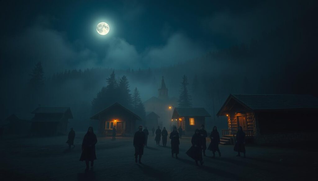 A misty midnight scene in the Northern Ural mountains, a quaint village nestled deep within an ancient forest. Wooden cabins and stone houses stand in quiet repose, their inhabitants lost in a collective trance. Ambient moonlight casts an eerie glow, illuminating the fog-shrouded streets where figures drift by, eyes closed, movements synchronized. In the distance, a lone church bell tolls the hour, signaling the onset of the nightly ritual. The air is thick with an otherworldly stillness, a palpable sense of mystery pervading the tranquil landscape. A wide-angle lens captures the haunting tableau, every detail crystallized in sharp, high-contrast relief.