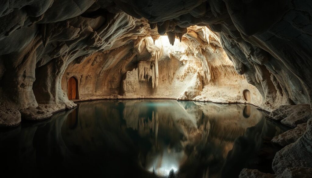A mysterious, otherworldly cave nestled deep within the Altai Mountains, its entrance adorned with ancient carvings and weathered stalactites. Soft, ethereal light filters in, casting a warm glow upon the smooth, water-worn rock formations. The air is thick with a sense of timeless tranquility, as if the very walls of the cave whisper secrets of a bygone era. In the center, a still, mirror-like pool reflects the ethereal scene, its surface undisturbed save for the occasional gentle ripple. Shadows dance across the cave's expanse, hinting at unseen presences that lurk in the depths, waiting to be discovered.