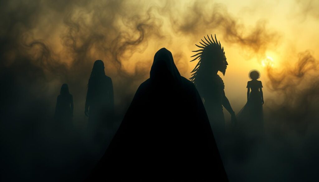 A mystical, ethereal comparison of shadow entities across diverse cultural traditions. In the foreground, a spectral figure cloaked in darkness, its hazy edges flickering with an otherworldly energy. Surrounding it, glimpses of similar entities from various belief systems - a Daoist yin-yang symbol, a Mesopotamian lamassu, a Mesoamerican nagual. The middle ground is a swirling, abstract realm of shifting shadows and muted colors, hinting at the interconnectedness of these phenomena. In the distant background, a faint, glowing horizon, suggesting the hidden, cosmic forces that underlie these ancient archetypes. Dramatic, low-angle lighting casts dramatic shadows, heightening the sense of mystery and the supernatural. Cinematic, wide-angle lens captures the grand, sweeping scale of this timeless, cross-cultural comparison.