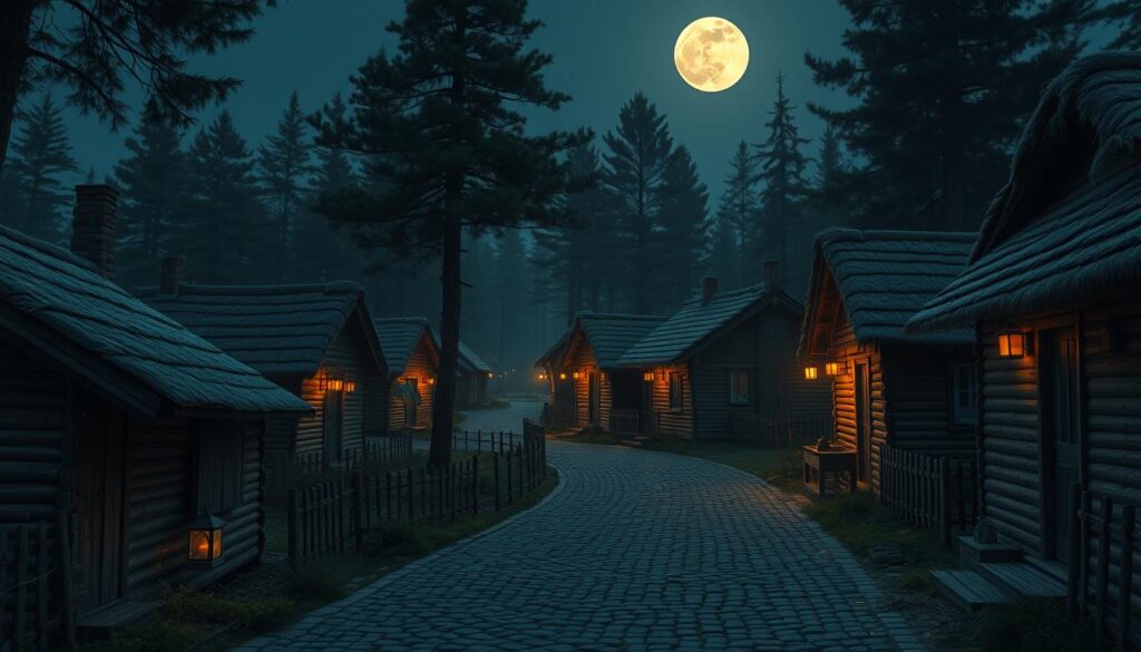 A quaint village nestled deep in the Ural forest, where every resident sleepwalks in unison each night. In the moonlit stillness, villagers move with a serene, synchronous rhythm, guided by invisible forces. The cobblestone streets are lined with lanterns casting a warm, amber glow, illuminating simple wooden cottages with thatched roofs. Winding paths are marked with subtle fences and handrails, creating a network of safety measures tailored to the sleepwalkers' needs. Overhead, a canopy of ancient pines filters the moonlight, casting shifting shadows that dance across the scene. A tranquil, otherworldly atmosphere pervades this isolated community, where the villagers have learned to coexist peacefully with their nightly trance.