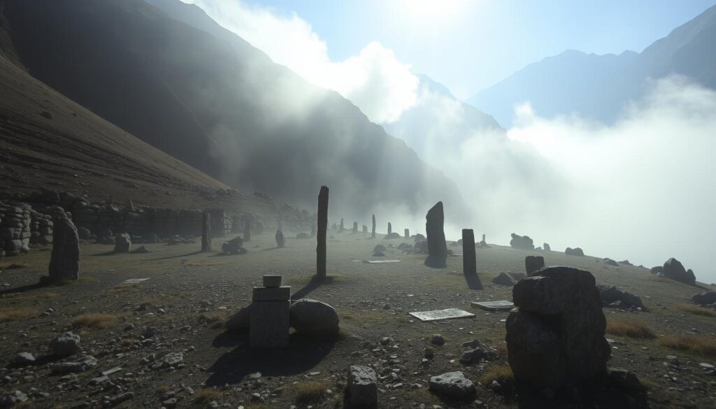 A remote burial ground nestled in the rugged, mountainous terrain of Hunza. The ancient stone cairns and markers stand silently, their origins shrouded in mystery. A dense, impenetrable fog hugs the ground, creating an eerie, ethereal atmosphere. The weak sunlight filters through, casting long, dramatic shadows that stretch across the scene. Compasses spin erratically, and electronic devices refuse to function properly, as if the very earth rejects the intrusion of modern technology. The air is heavy with a sense of the unknown, inviting exploration and discovery, yet warning of the dangers that lurk within this forgotten, sacred place.