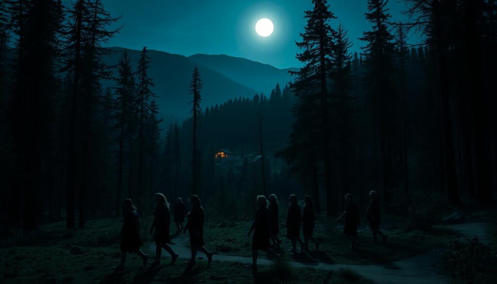 A secluded forest glade in the Ural Mountains, bathed in the soft glow of moonlight. In the foreground, a group of villagers, their eyes closed, bodies moving with a serene, ethereal grace as they sleepwalk in unison. The middle ground reveals the dense, shadowy forest, its ancient trees towering overhead. In the distance, a humble village nestled between the hills, a hazy silhouette against the night sky. The scene exudes an otherworldly, dreamlike atmosphere, hinting at the mysterious forces at play within this hidden community.
