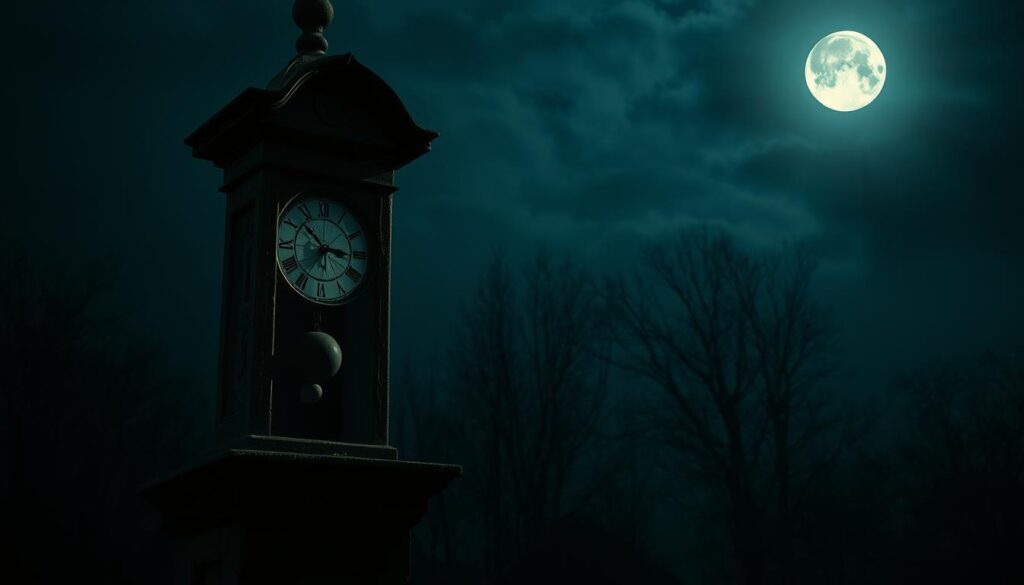 A shadowy entity emerges from the penumbra, its silhouette flickering at the edge of perception. Moonlight casts an eerie glow, illuminating a weathered stone timepiece at a crossroad in the ancient village of Olkhovka. As the pendulum reverses its movement, the entity seems to draw power from this unnatural phenomenon, its form shifting and distorting. The air is thick with an unsettling energy, as if the very fabric of reality is being warped by this encounter between the natural and the supernatural. A sense of dread and fascination permeates the scene, inviting the viewer to ponder the mysteries that lie beyond the veil of the mundane.