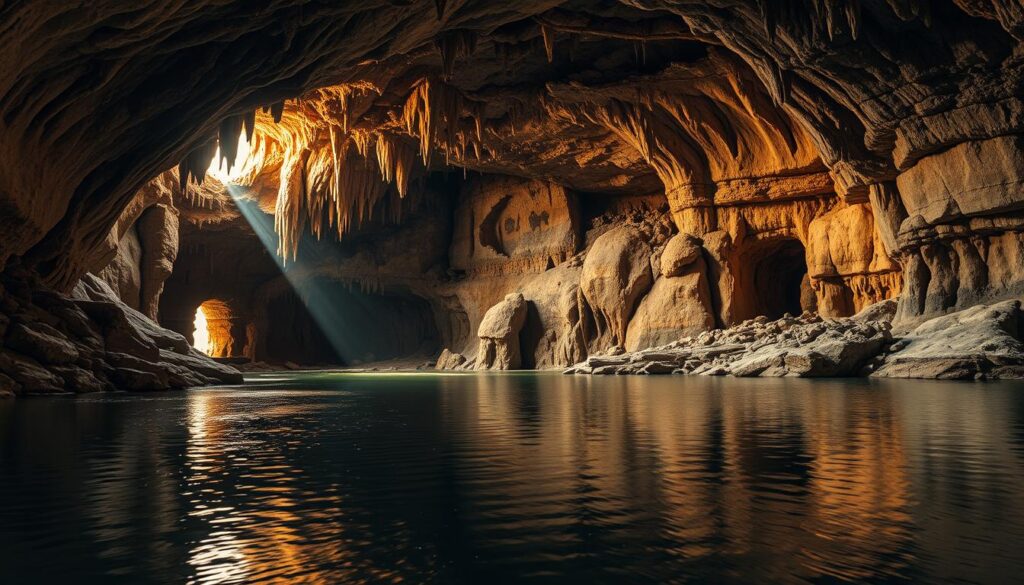 A time-worn cave nestled in the rugged Altai Mountains, its entrance a portal to a bygone era. Golden shafts of sunlight pierce the gloom, illuminating ancient cave paintings on the walls. Stalactites and stalagmites form a natural cathedral, their otherworldly shapes casting dramatic shadows. The air is thick with the scent of earth and the faint echoes of a distant past. A wide, still lake reflects the surreal scene, its surface undisturbed save for the occasional ripple. The overall atmosphere is one of mystery and wonder, inviting the viewer to step into this forgotten realm and explore its hidden secrets.