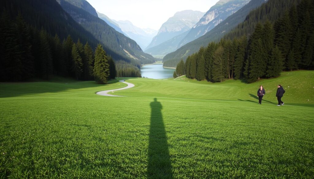 A tranquil valley nestled in the Swiss Alps, the Vallée-de-Joux is a picturesque tourist destination. In the foreground, a lone figure stands in awe, their shadow stretching across the grassy meadow, unaffected by the constant changes around it. The middle ground features a winding path leading visitors towards a majestic lake, its still waters reflecting the surrounding mountains. In the background, a dense forest of evergreens stands tall, casting a soft, diffused light across the scene. The overall atmosphere is one of peaceful contemplation, where the mysterious shadow serves as a captivating focal point for those seeking to unravel its timeless presence.