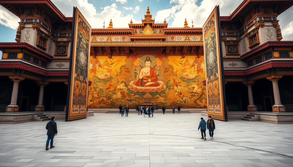 A vast and ornate Tibetan Buddhist monastery, Samye, stands in a serene landscape. The main temple hall's exterior features intricate carvings and paintings, bathed in warm, golden light. Through the open doors, a shifting, mercurial painting on the inner wall captivates visitors, its imagery seemingly transforming before their eyes. Detailed brushstrokes blend and morph, creating an ever-changing dreamscape of mythical creatures, celestial beings, and ancient symbols. This mesmerizing artwork, said to have a mind of its own, is kept securely sealed away, accessible only to those who venture to Samye with reverence and open minds.