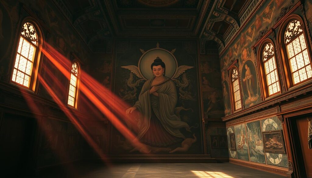 A vast, dimly lit Tibetan monastery interior, with ancient frescoes covering the walls. Rays of warm, reddish light stream through ornately carved windows, casting a mystical glow on the intricate paintings. The central scene depicts a mythical figure, shrouded in a swirling cloak of celestial imagery, their expression shifting subtly as the viewer's perspective changes. The atmosphere is one of reverence and scientific curiosity, inviting the observer to ponder the nature of this enigmatic artwork.