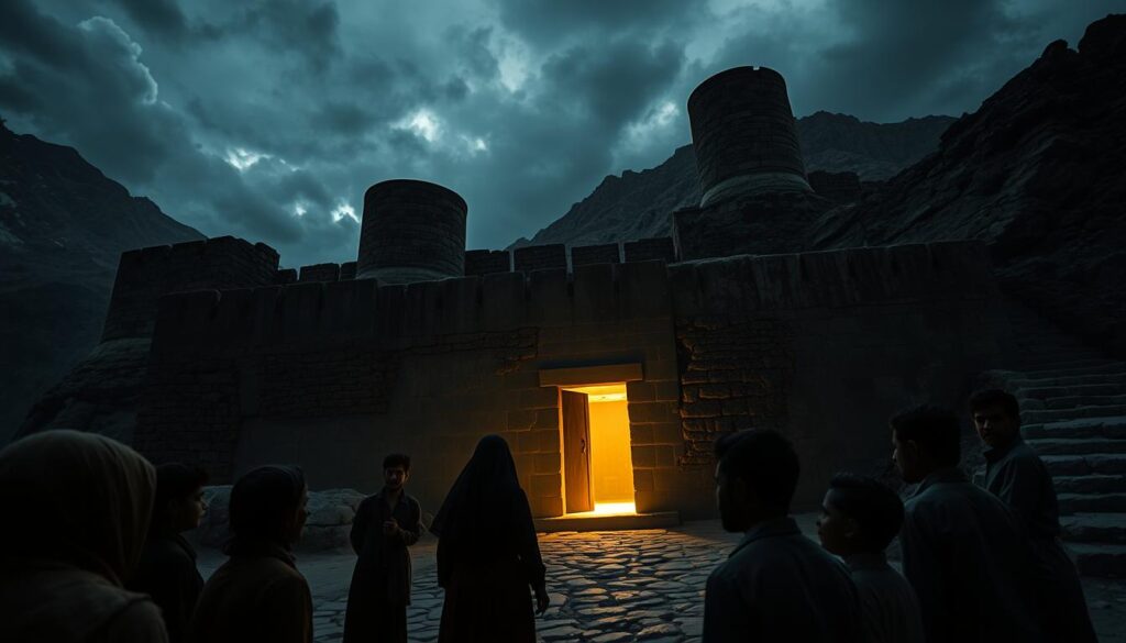 A weathered, ancient fortress nestled in the majestic Karakoram mountains, Chiktan Fort stands as a monument to the region's captivating legends. Capture the mystical glow of "Room 13", its sealed entryways shrouded in an otherworldly haze. Mysterious wisps of light flicker and dance, illuminating the rugged stone walls from within. In the foreground, local villagers gather, their faces etched with awe and trepidation, as they recount tales of the supernatural. The middle ground reveals the fort's imposing silhouette, its towers reaching towards a moody, cloud-streaked sky. Employ a cinematic, dramatic lighting setup to heighten the sense of the uncanny, with deep shadows and dramatic chiaroscuro effects. Utilize a wide-angle lens to convey the grandeur of the location and the weight of the local folklore.