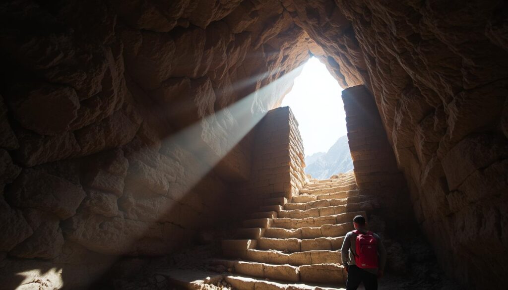 An ancient hidden tomb nestled deep within the rugged Hunza mountains, shrouded in mystery and treacherous to reach. The entrance lies buried under centuries of weathered stone, its exact location a closely guarded secret. Explorers approach cautiously, compasses spinning erratically and electronics malfunctioning, as if the tomb wields an unseen power. Sunlight filters through cracks in the rock, illuminating the entrance with an otherworldly glow. Crumbling steps lead down into the unknown, the future of this nameless, forgotten relic waiting to be uncovered.