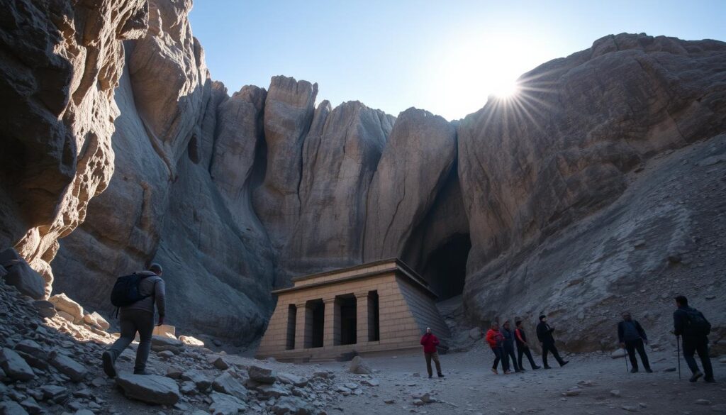 An ancient, untouched Hunza tomb lies buried beneath towering stone cliffs, surrounded by a mysterious energy field that disrupts compasses and electronics. Sunlight filters through gaps in the weathered rock, casting a warm glow on the forgotten structure. Adventurous explorers, drawn by tales of lost treasures, trek through the rugged terrain, their excitement palpable as they approach the site. The air is thick with anticipation, mingled with a sense of trepidation, for the tomb's secrets have remained hidden for centuries, guarded by the unyielding mountain.