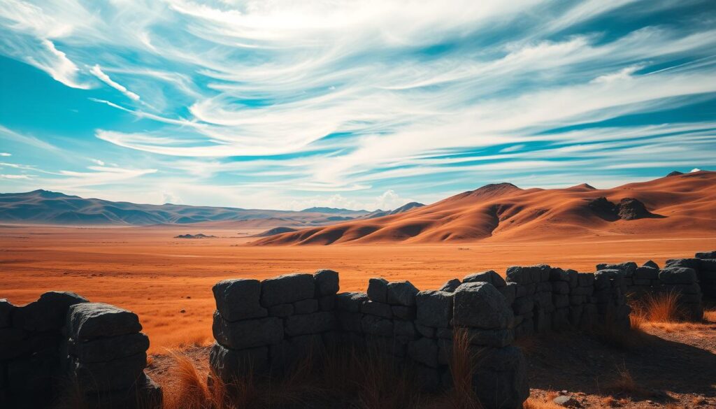 Sweeping vistas of Mongolia's remote steppe, a rugged expanse of golden grasslands and rocky outcroppings. In the foreground, a solitary stone wall stands resolute, its gray masonry a stark contrast against the warm hues of the landscape. Wispy clouds drift across a brilliant azure sky, casting dynamic shadows that play across the undulating terrain. The scene is bathed in soft, diffuse lighting, creating an air of mystery and tranquility. In the distance, rolling hills recede into the horizon, beckoning the viewer to explore this vast, untamed wilderness. An adventure awaits the intrepid traveler, a chance to discover the hidden wonders of this enchanting, otherworldly realm.