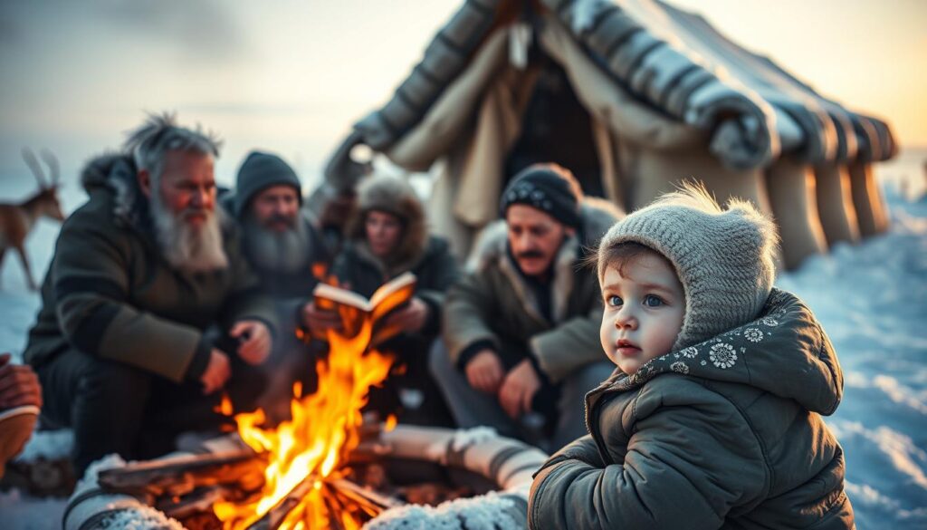 A cozy Yamal Peninsula winter scene, with a group of Nenets people huddled around a crackling fire, their traditional reindeer-skin tents in the background. The low, golden light casts a warm glow, illuminating the weathered faces of the elders as they share stories and pass down their centuries-old knowledge of the land. In the foreground, a young Nenets child listens intently, eyes wide with wonder, absorbing the wisdom of their ancestors. The image conveys a sense of timelessness, of a people intimately connected to the harsh yet beautiful environment that has sustained them for generations.