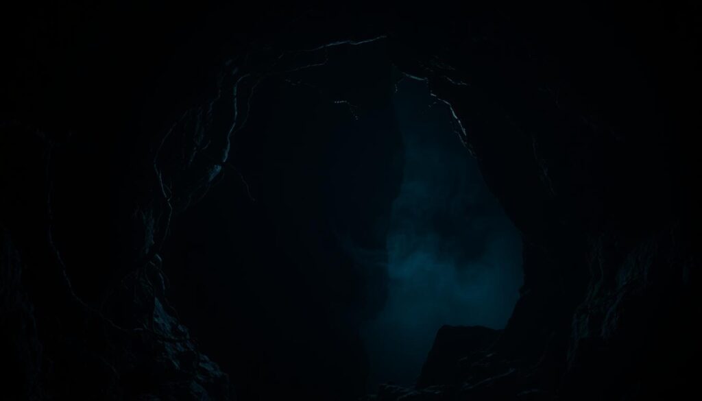 A dimly lit cave entrance, the entrance partially obscured by thick, gnarled vines and foliage. The cave mouth appears to be the gateway to an abyss, with an impenetrable, pitch-black interior. Faint wisps of mist swirl in the cold, stagnant air, adding to the eerie, otherworldly atmosphere. Shadows flicker and dance on the cave walls, as if the darkness itself is alive. The scene is bathed in a cold, bluish-gray light, creating an unsettling, chiaroscuro effect. A sense of mystery and the unknown permeates the entire image, hinting at the secrets and lost souls that may dwell within the eternal darkness of the Khojir Caves.