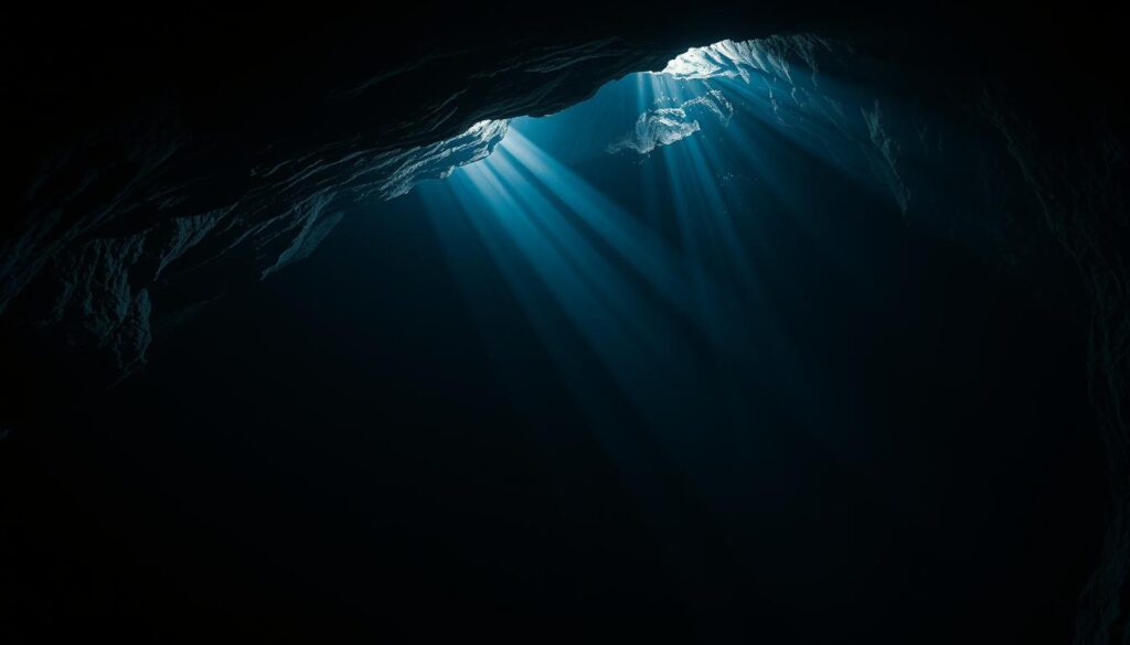 A dimly lit cavern, shadows dancing across the uneven walls. Eerie glowing orbs drift through the darkness, their unearthly radiance casting an unsettling glow. In the distance, the faint echoes of unexplained whispers and the faint tapping of unseen forces. Beams of moonlight pierce through cracks in the ceiling, illuminating ancient petroglyphs that seem to shift and move of their own accord. The air is thick with an oppressive, otherworldly presence, a palpable sense of the supernatural lingering within the depths of the Khojir Caves.