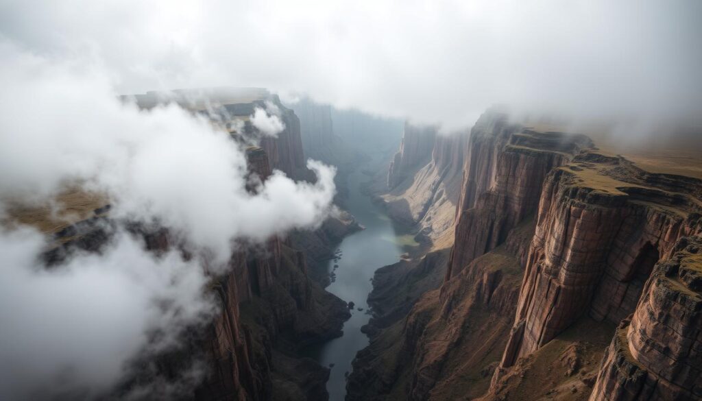 A dramatic aerial view of the Harar Abyss, a deep, rugged chasm carved into the Ethiopian highlands near the Somaliland border. Towering cliffs and rocky outcrops plunge into a misty, shadowed depths, hinting at the treacherous, forbidden nature of this natural wonder. The landscape is bathed in moody, atmospheric lighting, with heavy clouds obscuring parts of the scene, creating a sense of mystery and inaccessibility. The camera angle is positioned high above, emphasizing the scale and grandeur of the abyss, while also highlighting the restricted access and restricted zones that safeguard this untamed, primordial landscape.