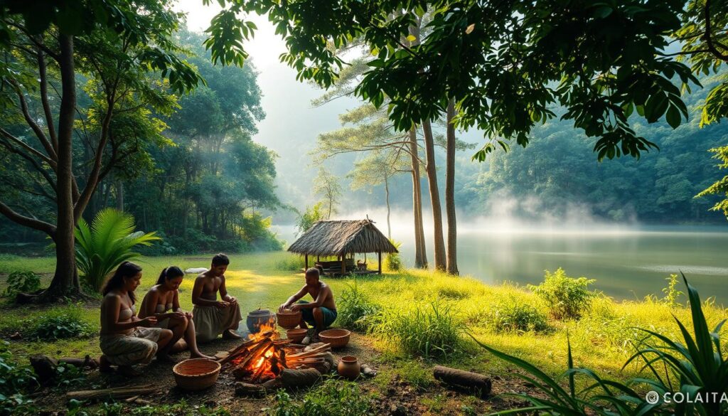 A lush, verdant forest surrounds a tranquil lake, where the Semelai people dwell in harmony with nature. In the foreground, a family gathers around a crackling fire, cooking traditional meals and weaving intricate baskets. The middle ground reveals a simple thatch-roofed hut, its inhabitants engaged in daily tasks like tending to gardens and preparing medicinal herbs. In the background, the shimmering waters of Lake Tasek Bera reflect the towering trees, as wisps of mist drift through the air, hinting at the unseen forest spirits that watch over this ancient land. Soft, warm lighting casts a gentle glow, capturing the serene and timeless essence of the Semelai's traditional lifestyle.