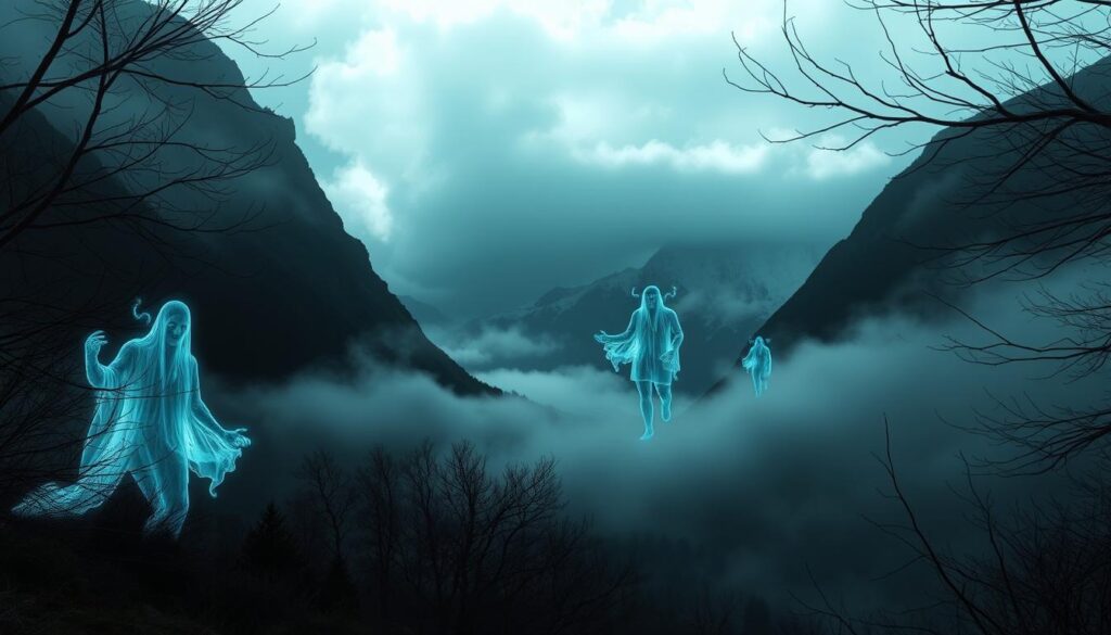 A secluded valley shrouded in mist, with towering mountains in the distance. In the foreground, ghostly figures emerge from the gloom, their translucent forms flickering and pulsing with an otherworldly energy. The sky is overcast, casting a haunting, chiaroscuro-like illumination that heightens the sense of the uncanny. A chill wind blows through the valley, rustling the bare branches of the trees. The atmosphere is one of unease and mystery, inviting the viewer to ponder the unseen forces that might linger in this remote and isolated place.