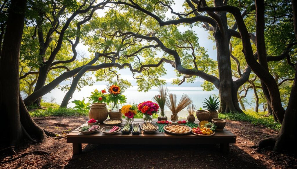 A serene forest clearing, bathed in soft, diffused light. In the center, an elevated wooden platform holds an array of offerings - intricate woven baskets, colorful floral arrangements, and an assortment of fragrant herbs and fruits. The air is thick with the aroma of incense, creating a mystical atmosphere. Surrounding the platform, ancient trees stretch their gnarled branches, their leaves casting dappled shadows on the scene. In the distance, the tranquil waters of Lake Tasek Bera can be glimpsed through the verdant foliage, hinting at the unseen spirit world that governs this sacred space. The Bujang Jiwa, the master spirit of the lake, presides over the offerings, his presence felt in the stillness and reverence of the moment.
