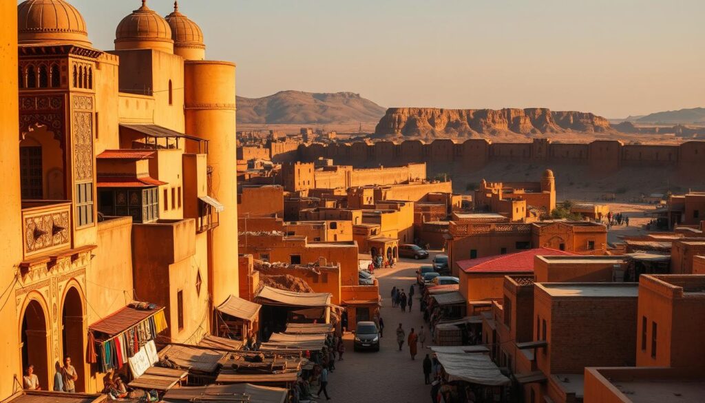 A vibrant cityscape of ancient Harar, Ethiopia, nestled amidst a rugged, arid landscape. Towering ochre-hued buildings with intricately carved facades and domed roofs line winding, cobblestone streets. Ornate arched doorways and windows cast intricate shadows as the warm, golden light of the setting sun bathes the scene. In the foreground, bustling local markets spill out onto the streets, vendors offering an array of exotic wares. The middle ground reveals the grand, imposing walls of the old city, their weathered stones a testament to Harar's storied past. Beyond, the distant horizon is dominated by a dramatic, jagged escarpment, hinting at the mysterious, untamed wilderness that lies beyond the city's gates - the forbidden abyss that awaits the brave explorer.