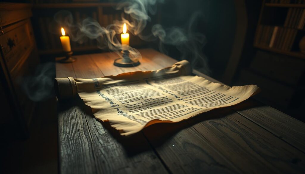 An ancient parchment scroll lies unfurled on a weathered wooden table, its yellowed pages scrawled with faded hieroglyphics. Ghostly wisps of mist swirl around the table, casting an eerie glow over the historical records. In the dimly lit chamber, a single candle flickers, casting flickering shadows that seem to dance across the walls. The air is thick with the scent of decay and the whispers of a forgotten past. The camera angle captures the scene from a low perspective, emphasizing the weight and gravity of the historical documents. The overall mood is one of mystery, wonder, and a sense of being transported to a bygone era.