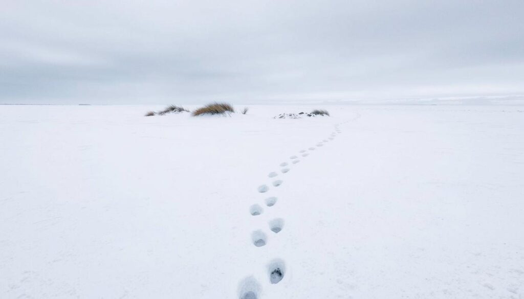 An icy, desolate landscape of the Yamal Peninsula in Siberia. The foreground is a stretch of pristine snow, unmarked save for a series of faint, ephemeral footprints that fade into the distance. The middle ground features a scattering of low, wind-swept shrubs and rocks, their forms obscured by a light dusting of snow. In the background, a vast, overcast sky looms, its muted tones of gray and blue creating a somber, pensive atmosphere. The footprints seem to drift and disappear, as if conjured by the unyielding, haunting silence of this remote, otherworldly place.
