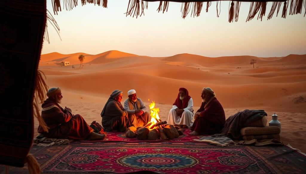 Berber folklore in the Siwa Oasis: A magical desert dreamscape. In the foreground, a vibrant tapestry depicting mystical Berber symbols and motifs, woven with intricate patterns and vibrant hues. In the middle ground, a group of Berber elders gathered around a fire, sharing ancient tales and legends, their faces illuminated by the dancing flames. In the background, the towering sand dunes of the Sahara Desert, bathed in a warm, golden glow, with the distant silhouette of the Siwa Oasis' iconic date palms. The scene exudes a sense of timelessness, blending the rich cultural heritage of the Berber people with the captivating mystery of the remote desert landscape.
