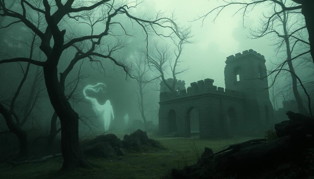 Spectral residents of Ziarat Valley: Wispy, ethereal forms float through the dense, misty forests, casting eerie shadows upon the weathered stone ruins. Faint wisps of ectoplasm drift between the twisted, gnarled branches, their luminescent auras casting an otherworldly glow. In the distance, the silhouettes of unnatural beings emerge from the fog, their features obscured yet their presence undeniable. The air is thick with a palpable sense of the supernatural, as if the very fabric of reality has been stretched thin, allowing the veil between the physical and spiritual worlds to grow thin. A haunting, melancholic atmosphere permeates the secluded valley, hinting at the ancient, restless energies that linger here.
